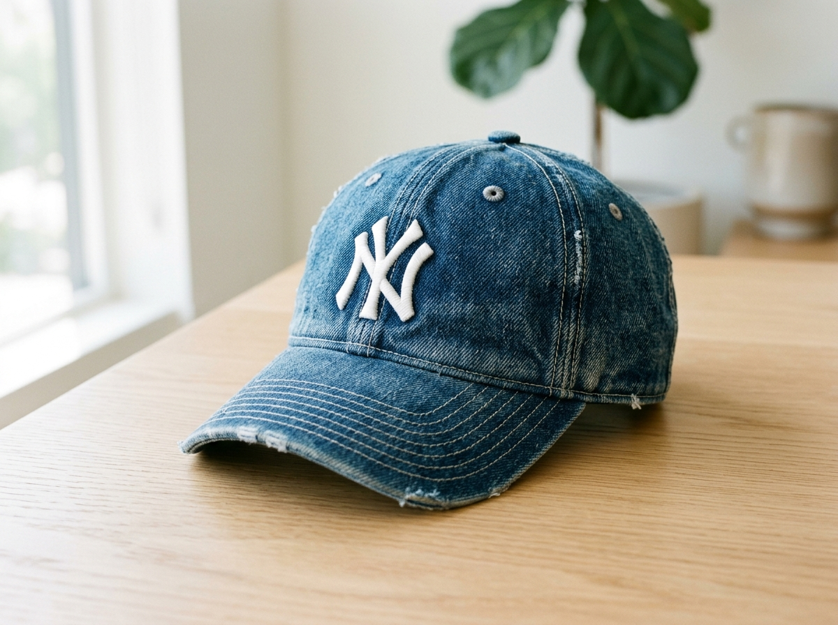 Ilustración de uso de Gorra de béisbol de mezclilla azul con bordado «NY»; no es el artículo real en uso.