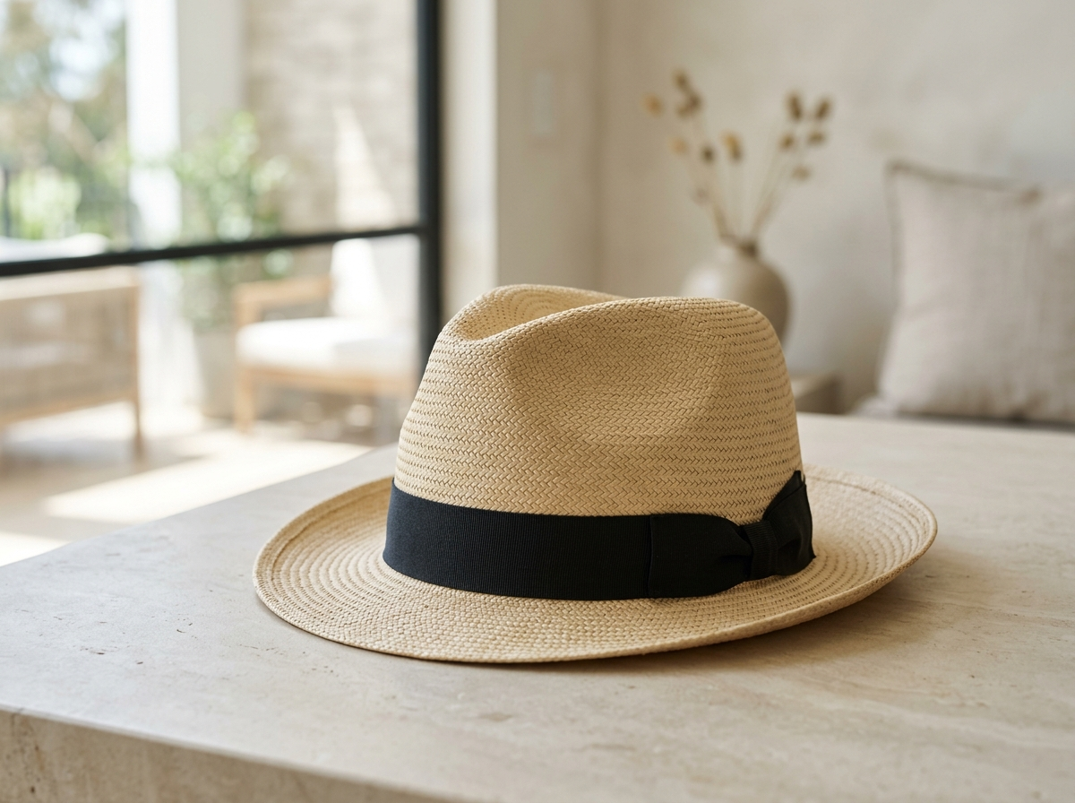 Usage illustration of Beige fedora-style hat with black band; not the actual item in use.