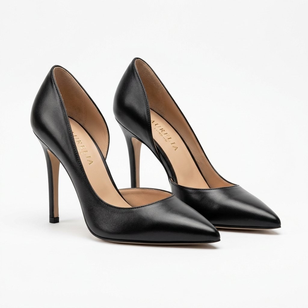 Par de zapatos de tacón negros AURELIA con punta afilada, abertura lateral y forro beige sobre fondo blanco.